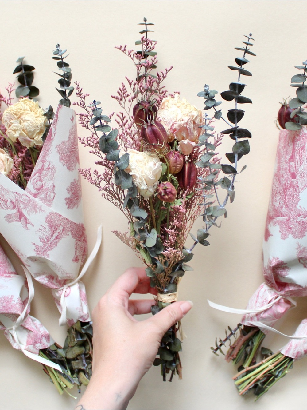 Roxanne's Dried Flowers Pink Toile Bouquet